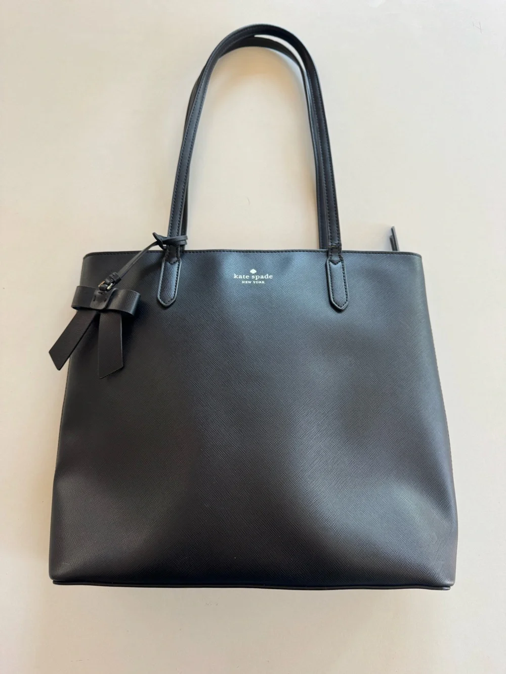Kate Spade New York Black Saffiano Leather Tote Bag Bow Zip Top Shoulder Purse